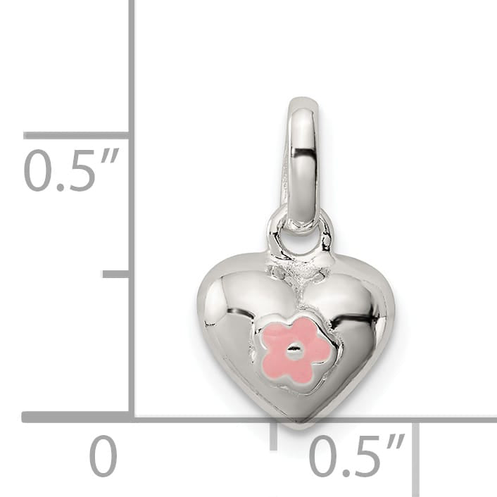 Sterling Silver Polished Pink Enamel Flower on Heart Pendant