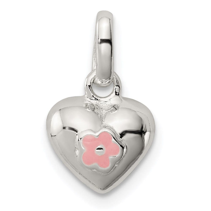 Sterling Silver Polished Pink Enamel Flower on Heart Pendant