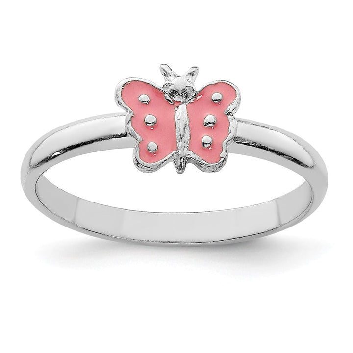 Sterling Silver Polished Pink Enameled Butterfly Ring