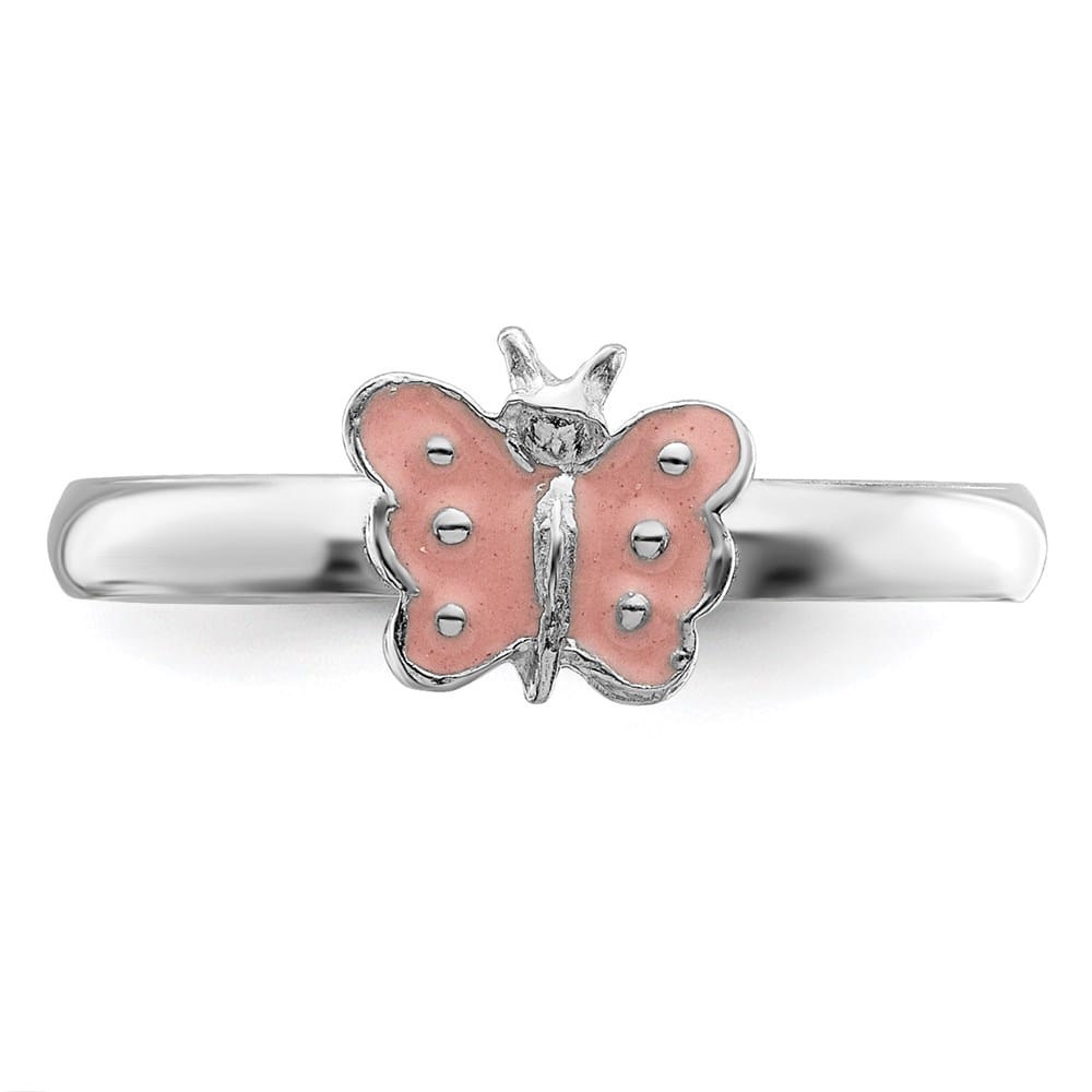 Sterling Silver Polished Pink Enameled Butterfly Ring