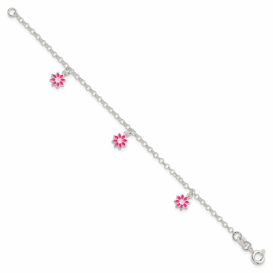 Sterling Silver Polished Pink Enameled Dangle Flowers 6 Inch Bracelet
