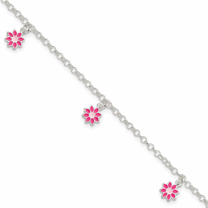 Sterling Silver Polished Pink Enameled Dangle Flowers 6 Inch Bracelet