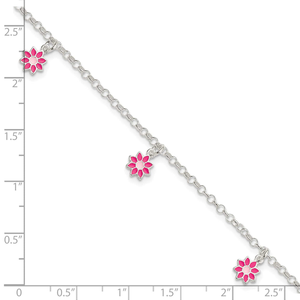 Sterling Silver Polished Pink Enameled Dangle Flowers 6 Inch Bracelet