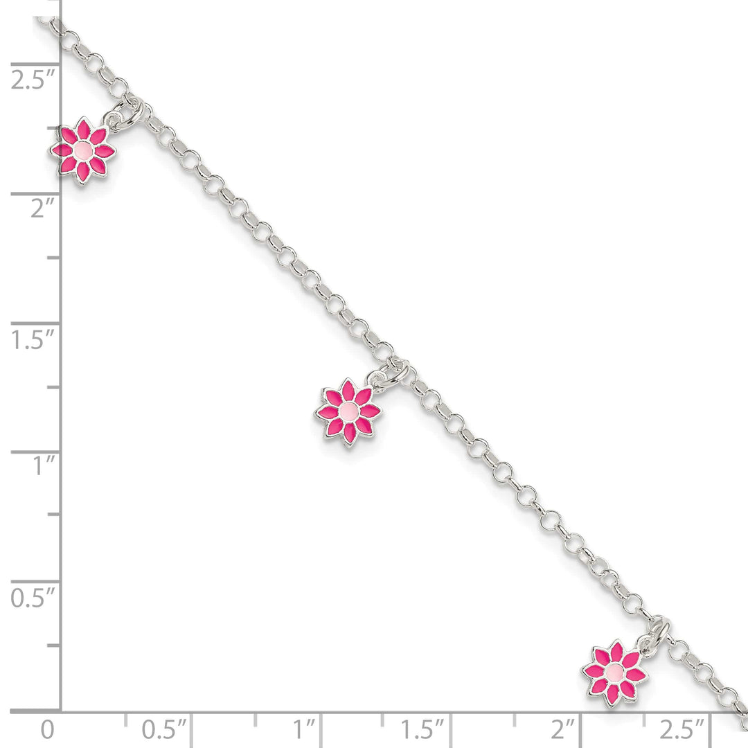 Sterling Silver Polished Pink Enameled Dangle Flowers 6 Inch Bracelet