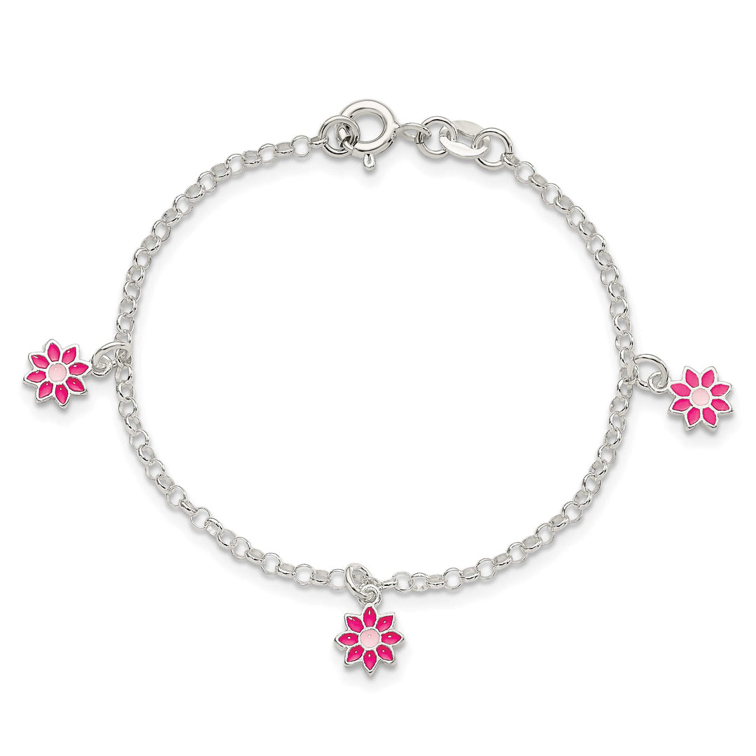Sterling Silver Polished Pink Enameled Dangle Flowers 6 Inch Bracelet