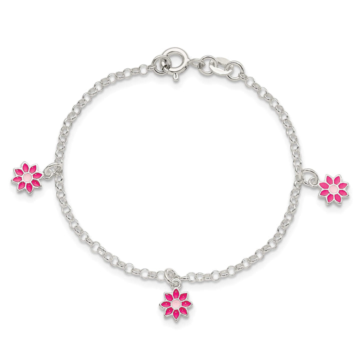 Sterling Silver Polished Pink Enameled Dangle Flowers 6 Inch Bracelet