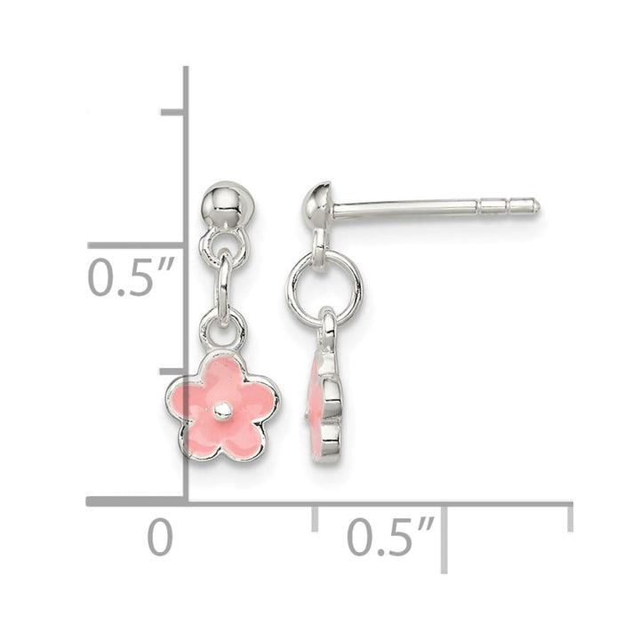 Sterling Silver Polished Pink Enameled Flower Post Dangle Earrings