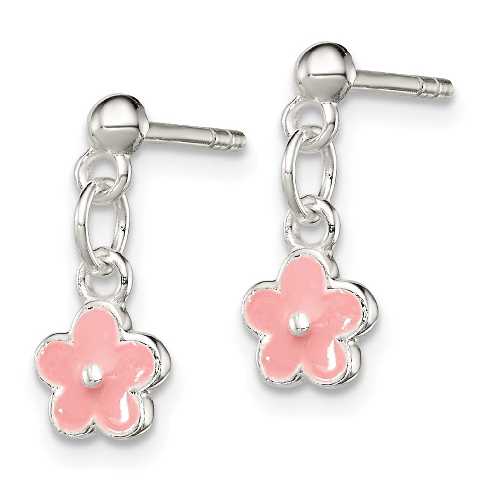 Sterling Silver Polished Pink Enameled Flower Post Dangle Earrings