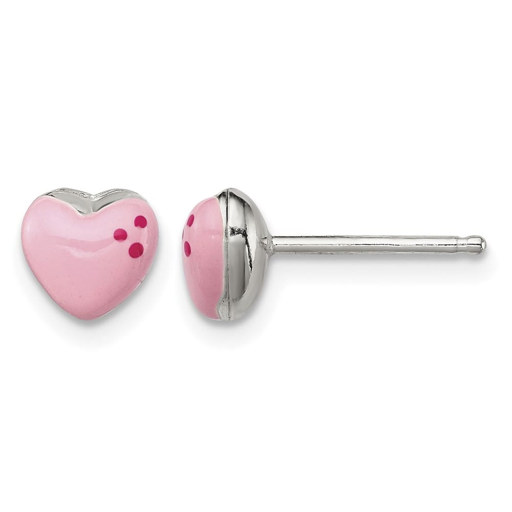 Sterling Silver Polished & Pink Enameled Heart Petite Post Earrings