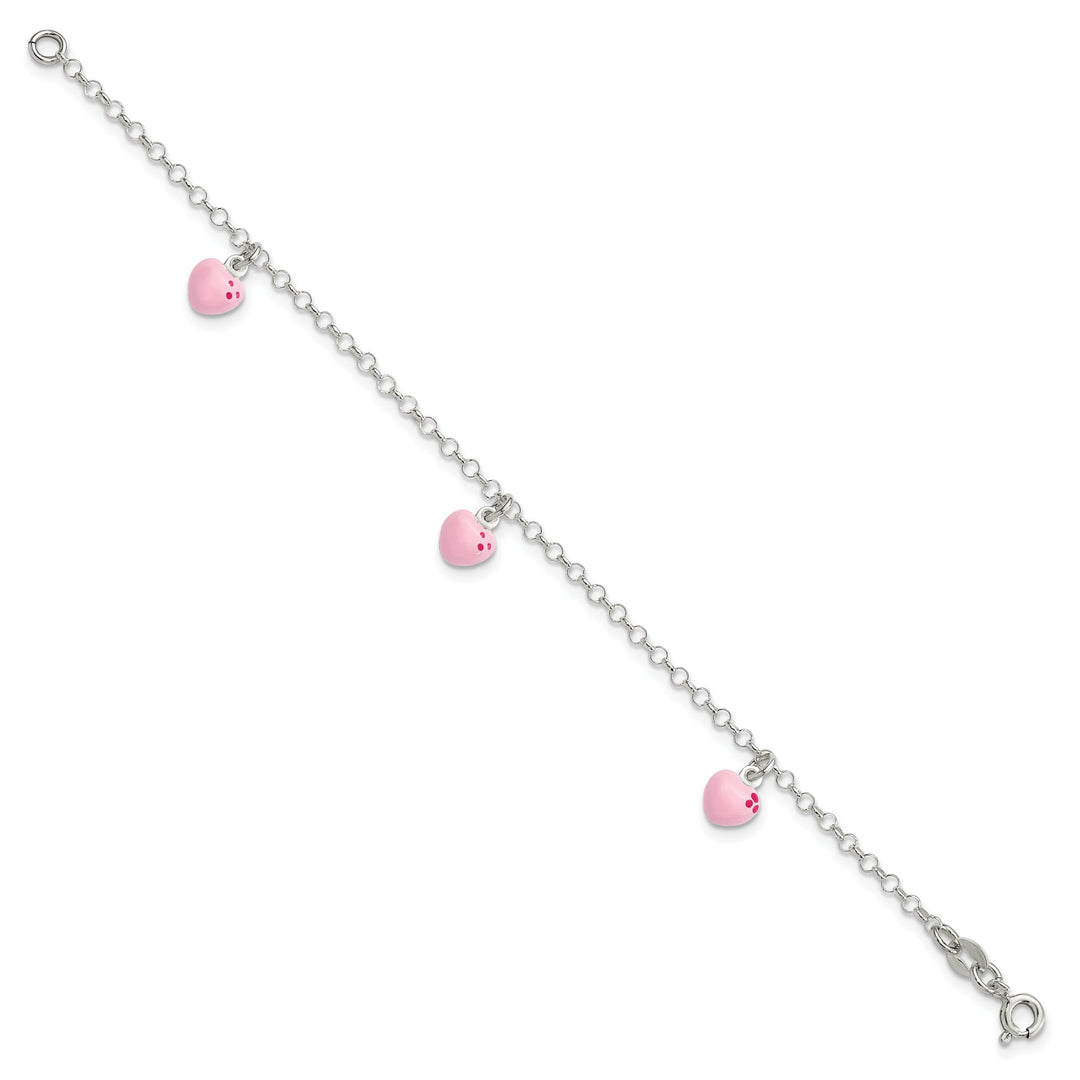 Sterling Silver Polished Pink Enameled Hearts 6 inch Bracelet