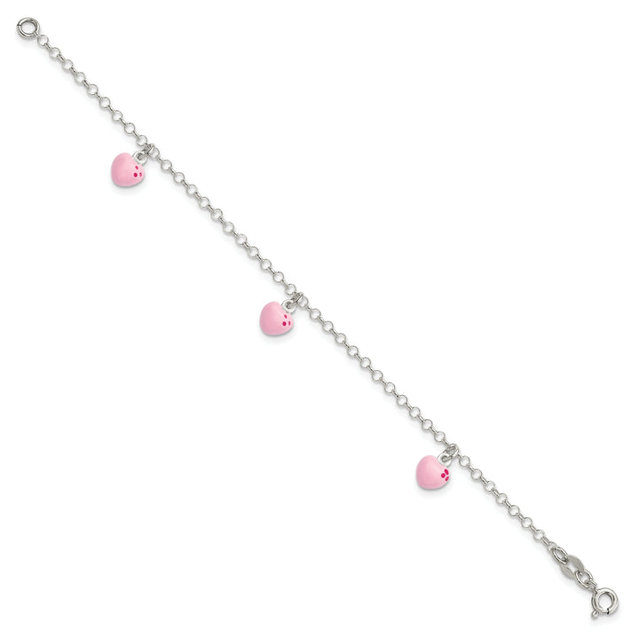Sterling Silver Polished Pink Enameled Hearts 6 inch Bracelet