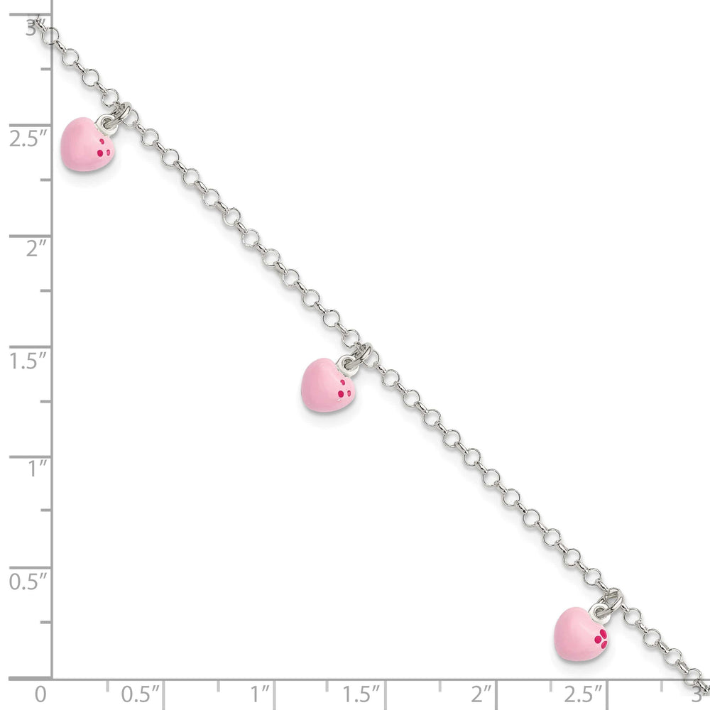 Sterling Silver Polished Pink Enameled Hearts 6 inch Bracelet