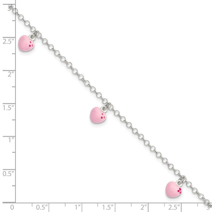 Sterling Silver Polished Pink Enameled Hearts 6 inch Bracelet