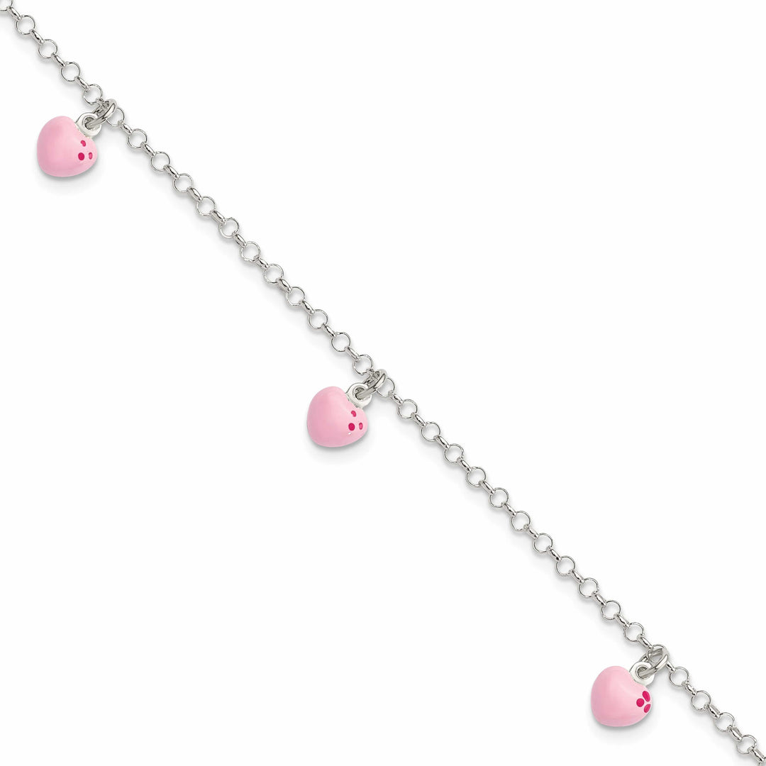 Sterling Silver Polished Pink Enameled Hearts 6 inch Bracelet