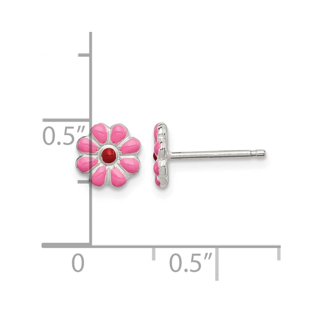 Sterling Silver Polished Pink & Red Enameled Flower Post Earrings