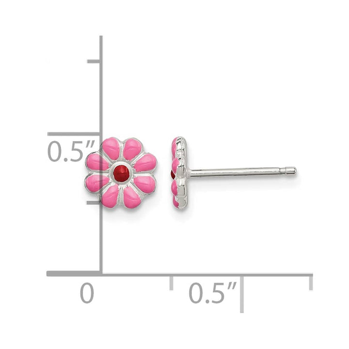 Sterling Silver Polished Pink & Red Enameled Flower Post Earrings