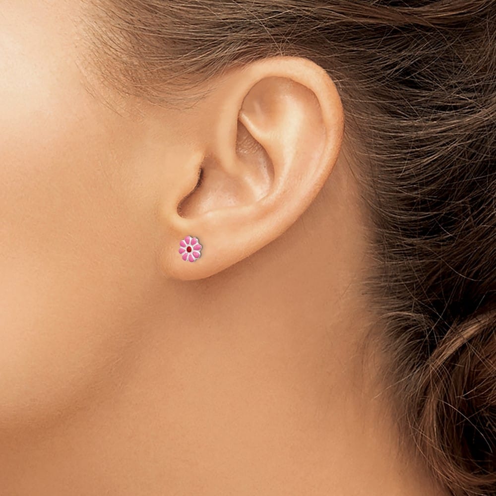 Sterling Silver Polished Pink & Red Enameled Flower Post Earrings