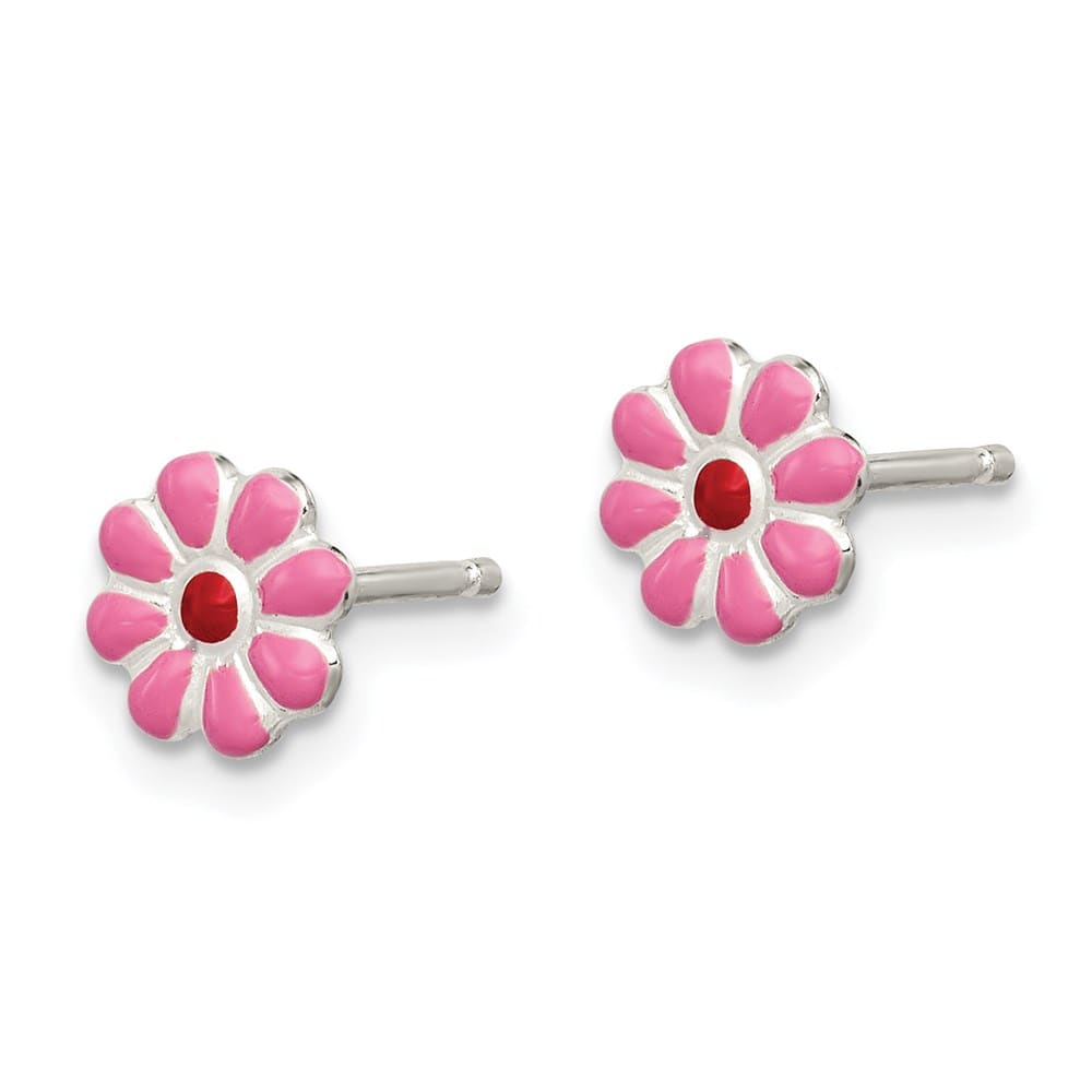 Sterling Silver Polished Pink & Red Enameled Flower Post Earrings