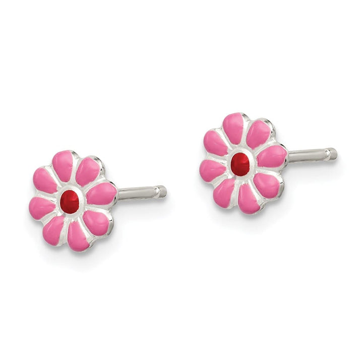 Sterling Silver Polished Pink & Red Enameled Flower Post Earrings