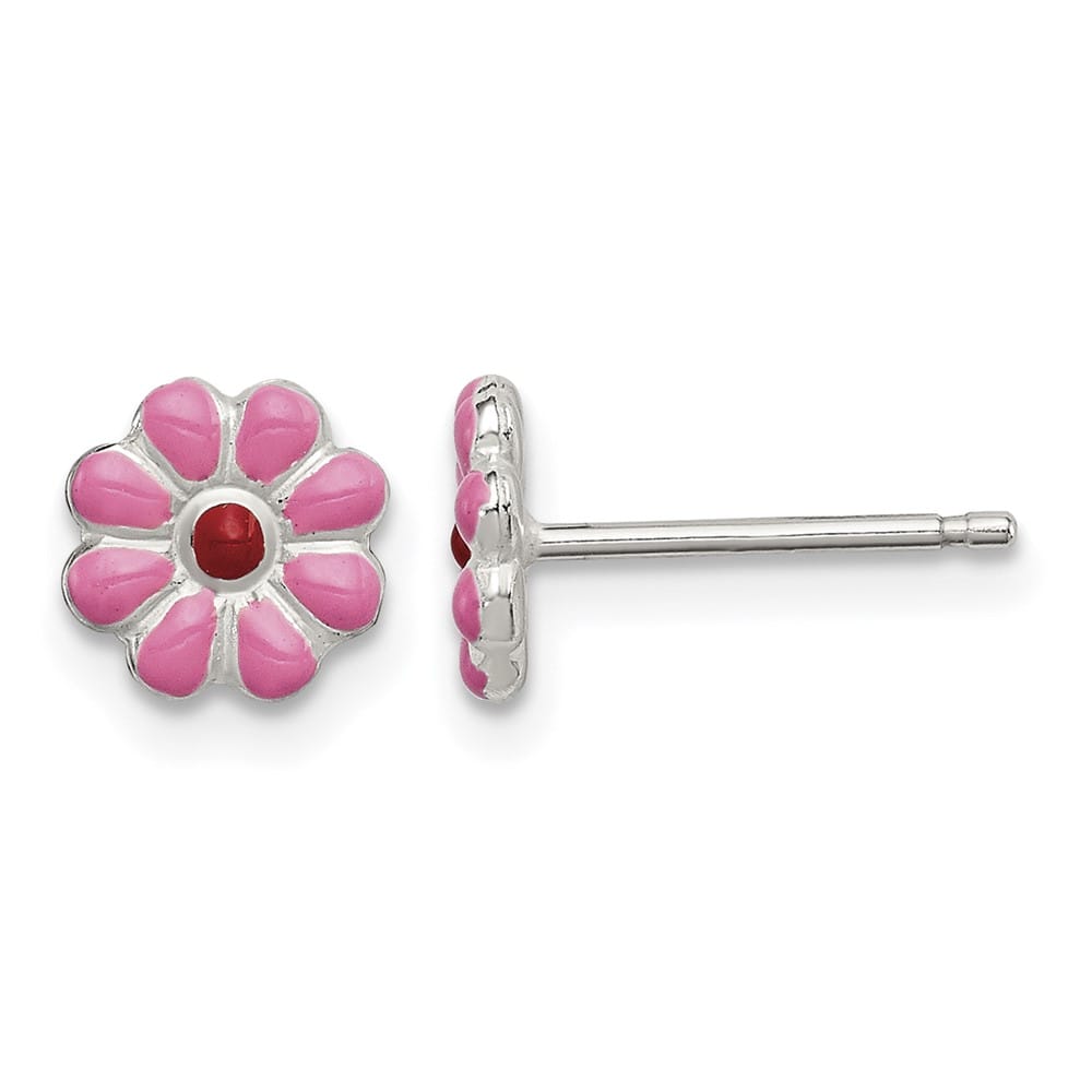 Sterling Silver Polished Pink & Red Enameled Flower Post Earrings