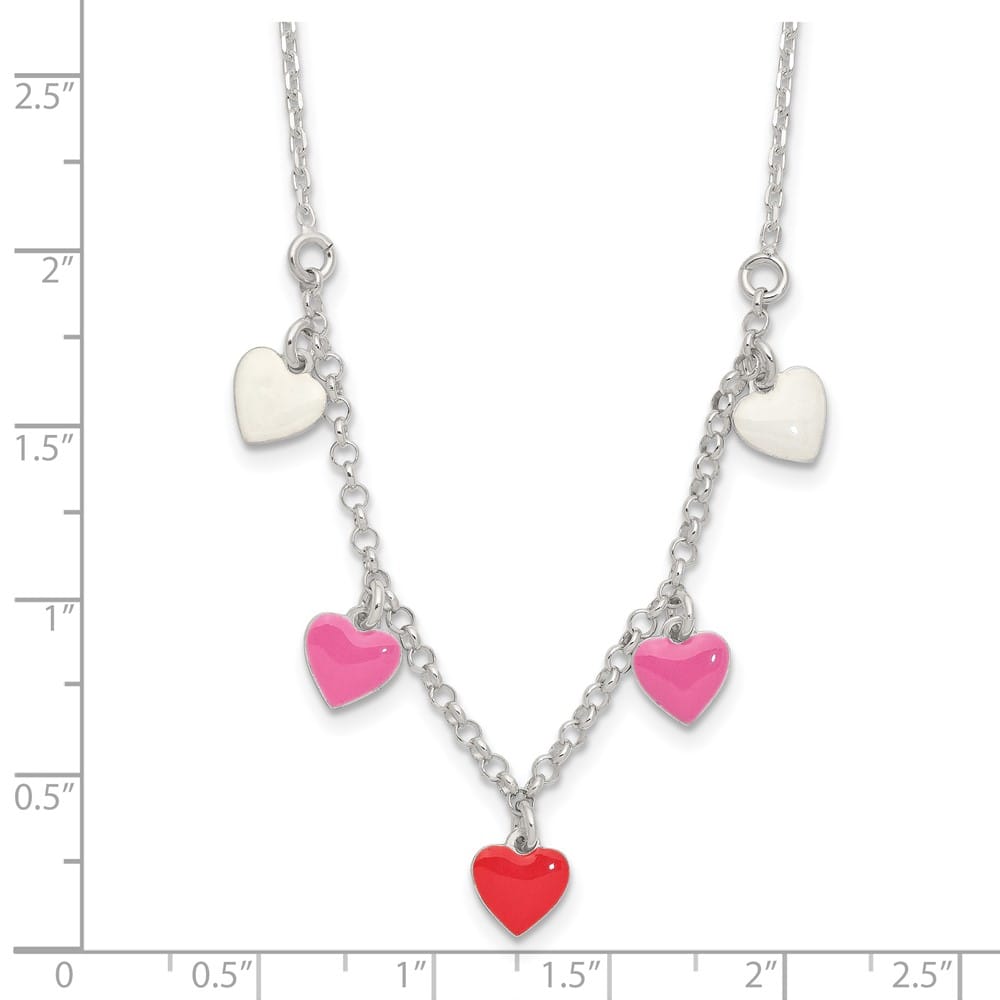 Sterling Silver Polished Pink/Red/White Enamel Heart 14 inch Necklace