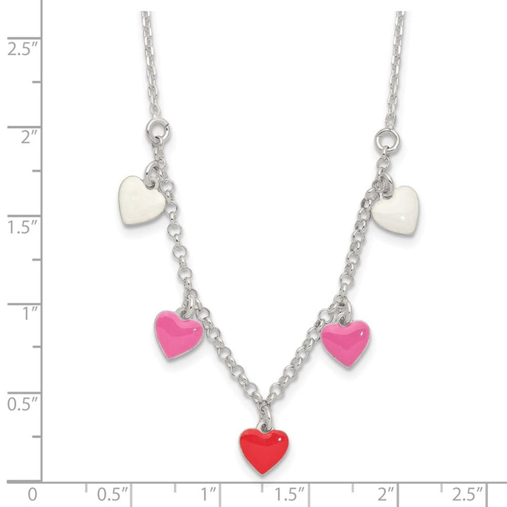 Sterling Silver Polished Pink/Red/White Enamel Heart 14 inch Necklace