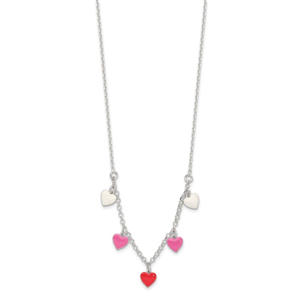 Sterling Silver Polished Pink/Red/White Enamel Heart 14 inch Necklace