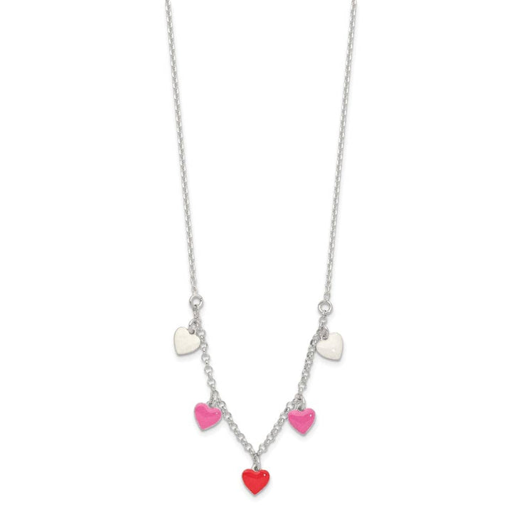 Sterling Silver Polished Pink/Red/White Enamel Heart 14 inch Necklace