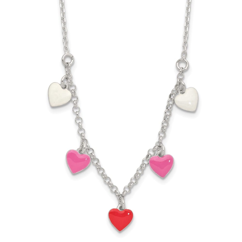 Sterling Silver Polished Pink/Red/White Enamel Heart 14 inch Necklace