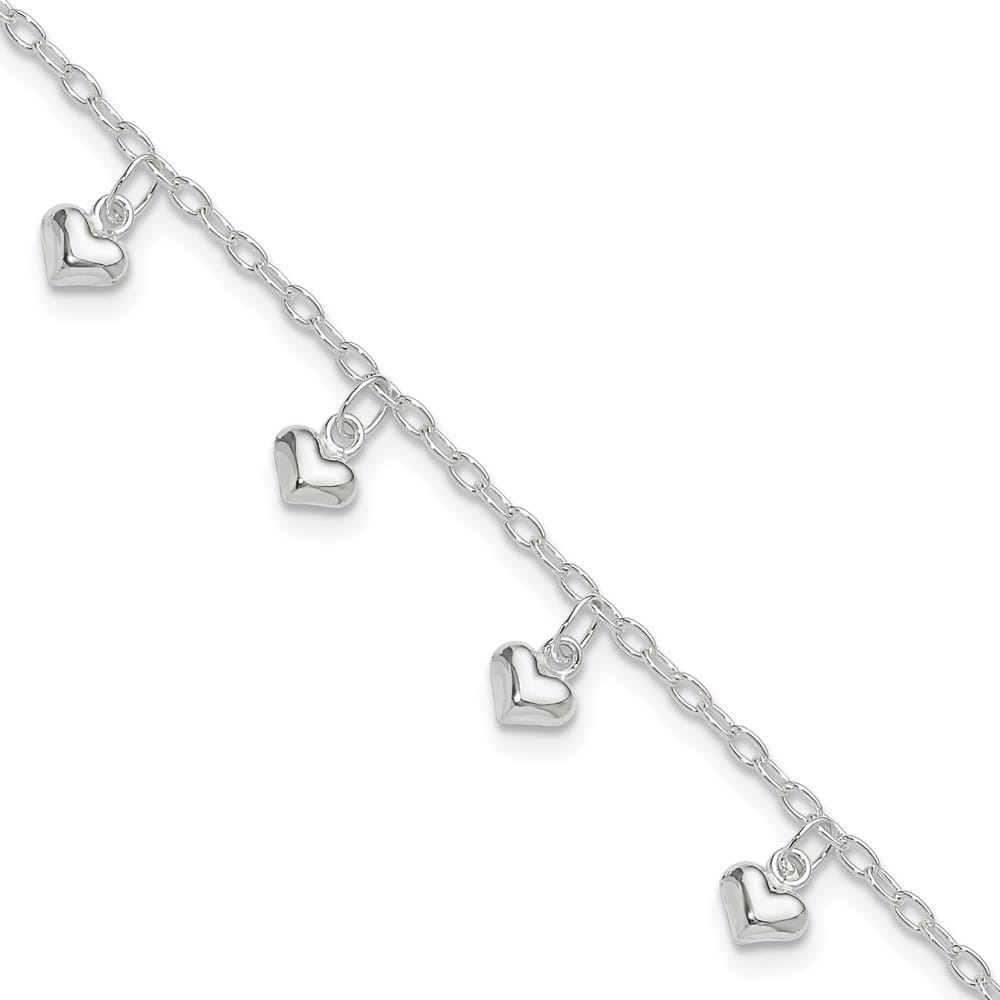 Sterling Silver Polished Puffed Heart Anklet — .925 sterling silver, 10 inches long, 2 mm wide, lobster clasp, 3.60 g