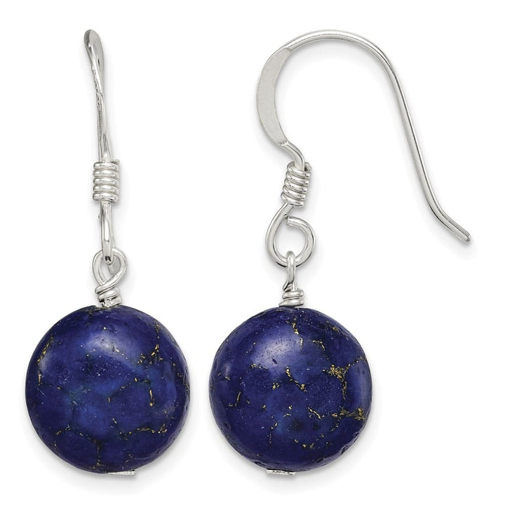 Sterling Silver Polished Round Reconstructed Lapis Dangle Earrings, view 1 of 4