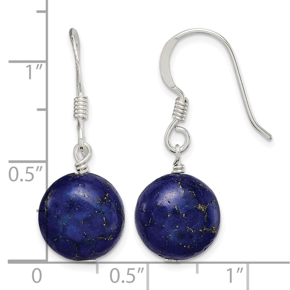 Sterling Silver Polished Round Reconstructed Lapis Dangle Earrings, view 4 of 4