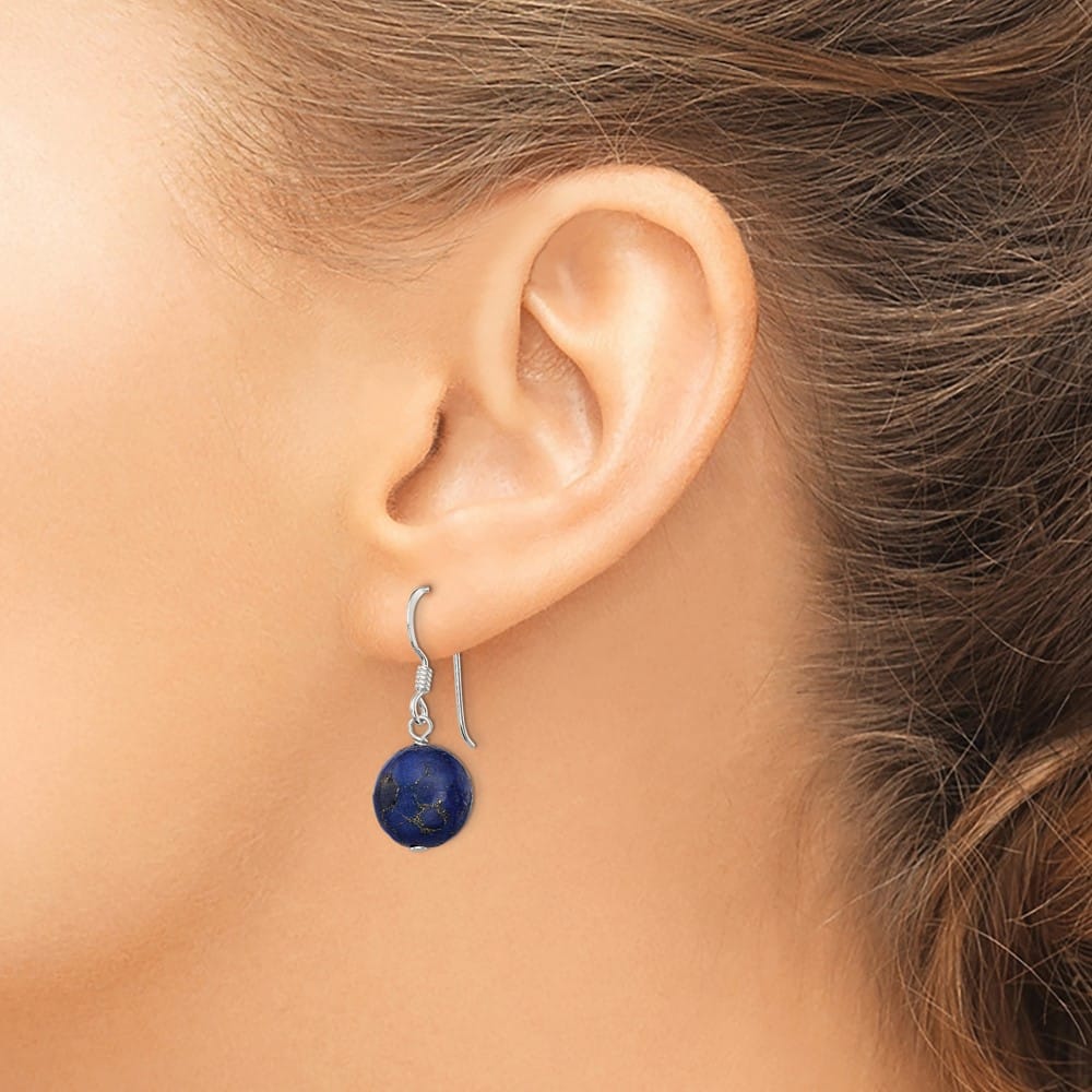 Sterling Silver Polished Round Reconstructed Lapis Dangle Earrings, view 3 of 4