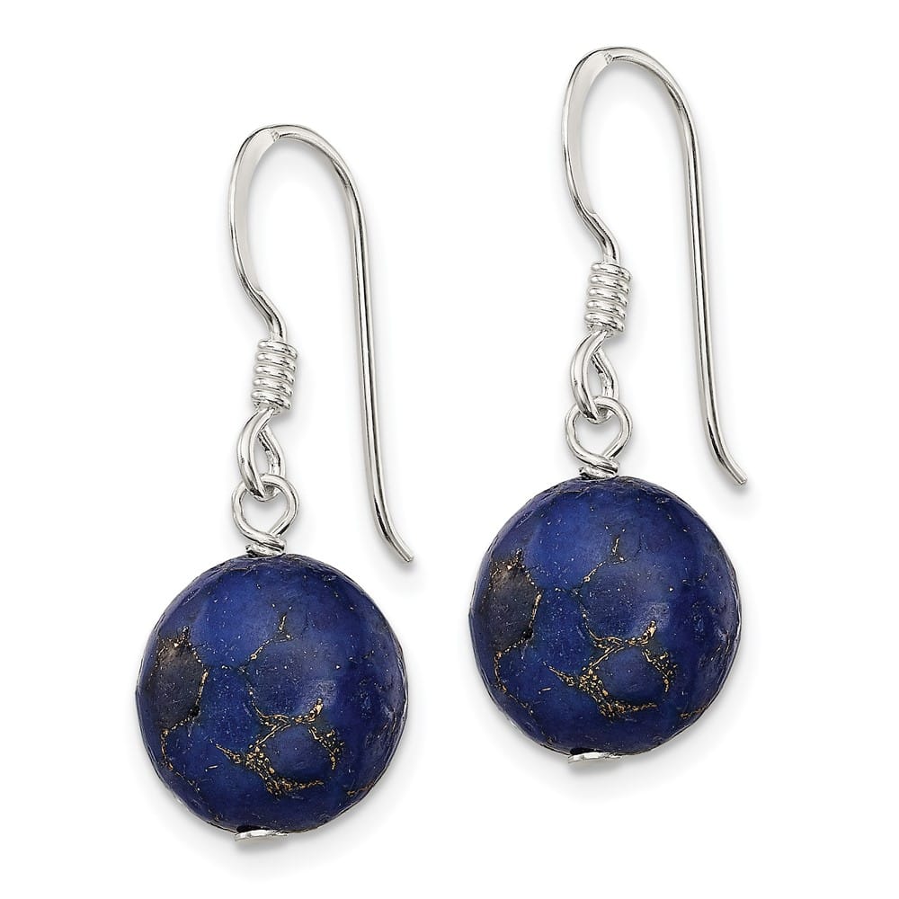 Sterling Silver Polished Round Reconstructed Lapis Dangle Earrings, view 2 of 4