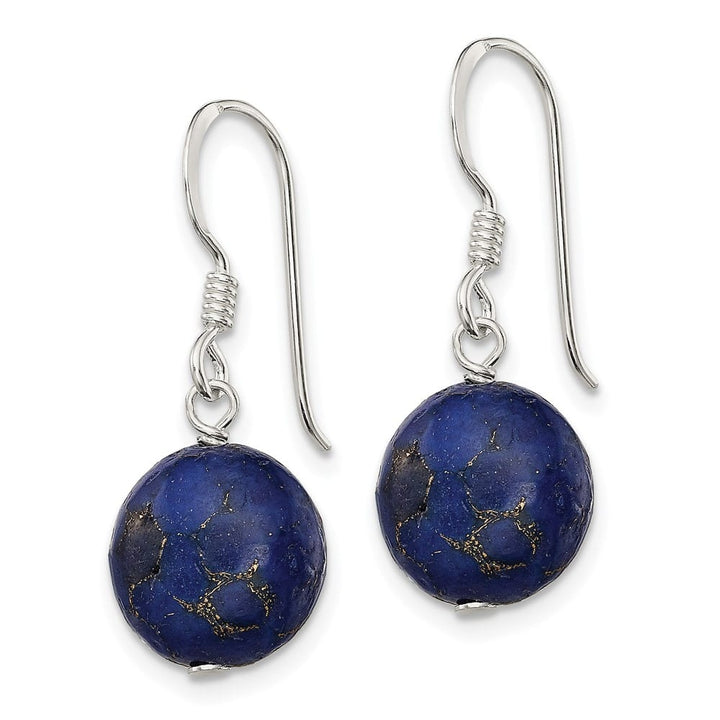 Sterling Silver Polished Round Reconstructed Lapis Dangle Earrings, view 2 of 4