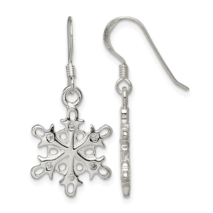 Sterling Silver Polished / Satin CZ Snowflake Dangle Earrings, view 1 of 4