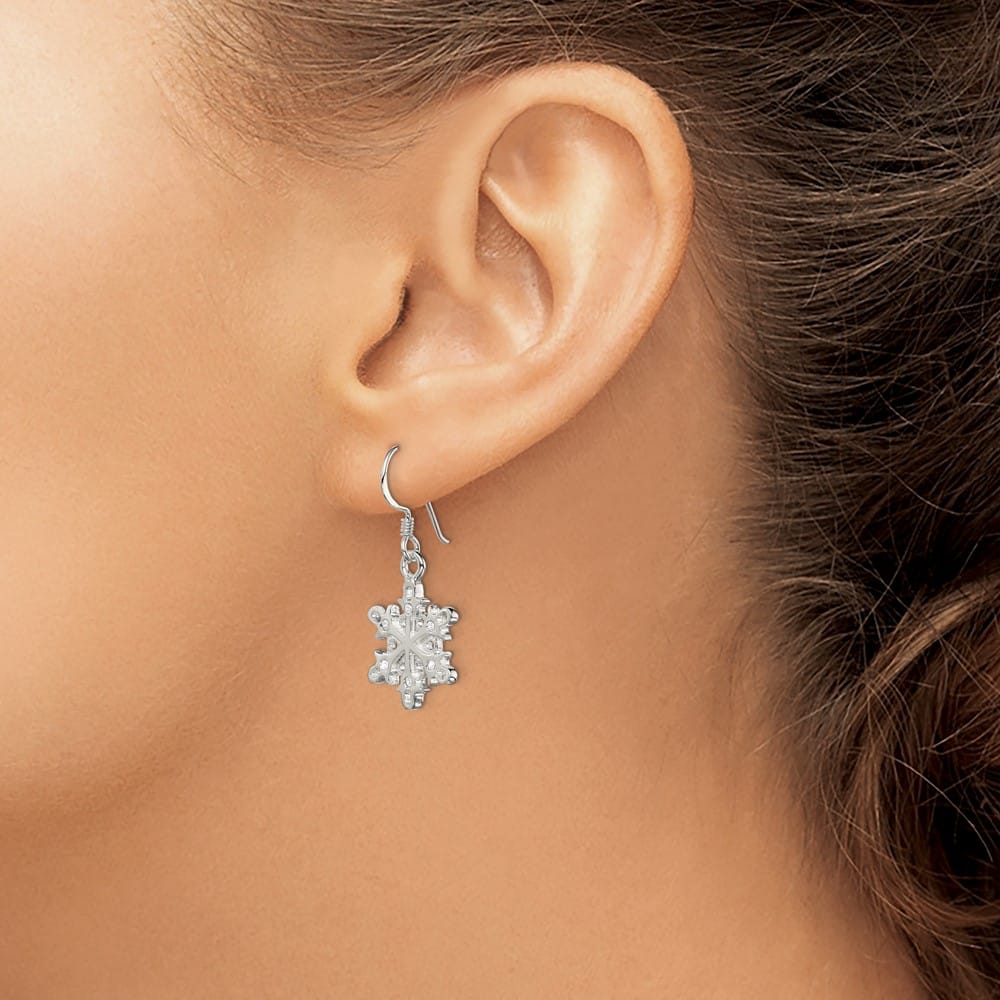 Sterling Silver Polished / Satin CZ Snowflake Dangle Earrings, view 3 of 4