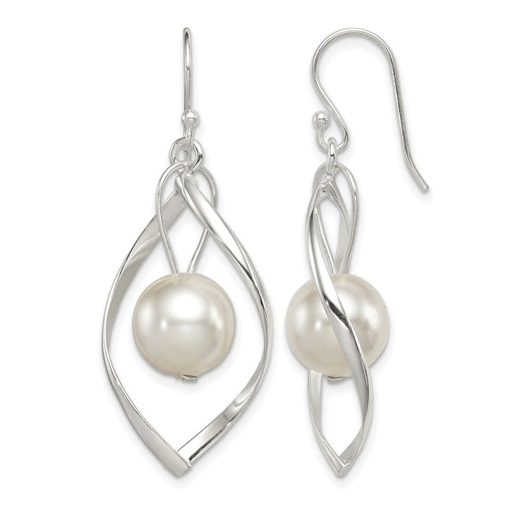 Sterling Silver Polished Simulated Pearl Twisted Dangle Earrings, view 1 of 4