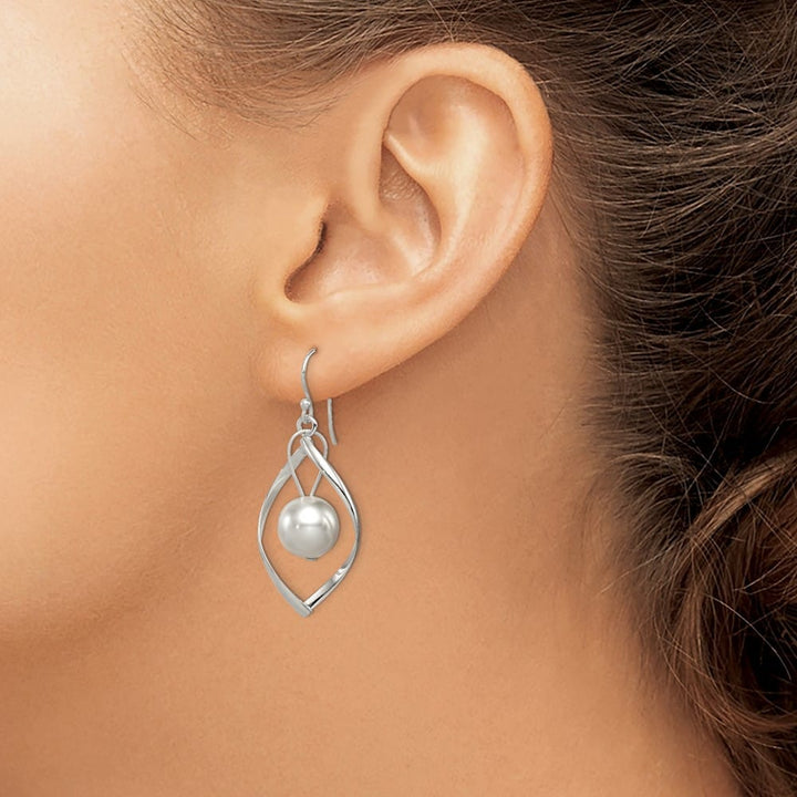 Sterling Silver Polished Simulated Pearl Twisted Dangle Earrings, view 3 of 4