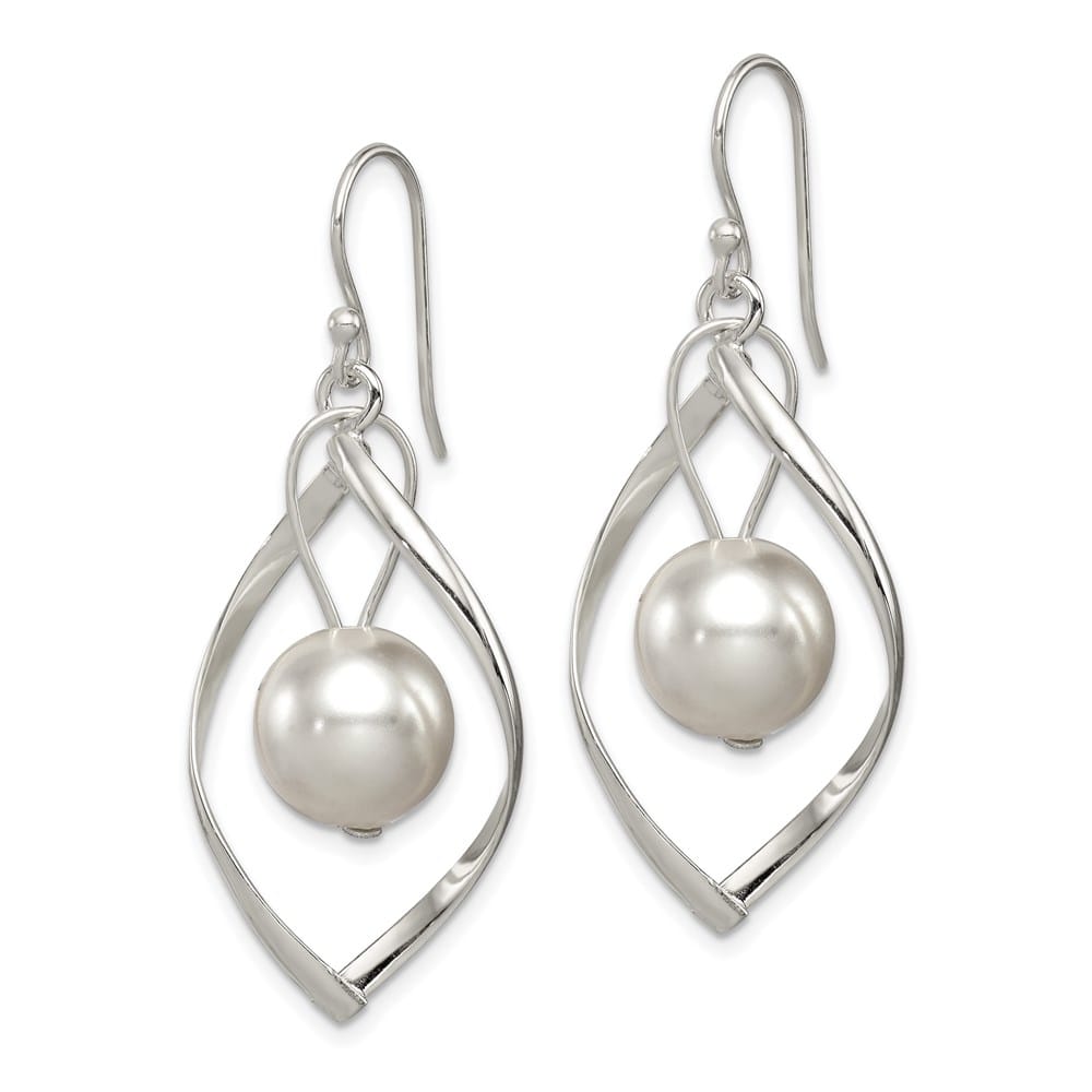 Sterling Silver Polished Simulated Pearl Twisted Dangle Earrings, view 2 of 4