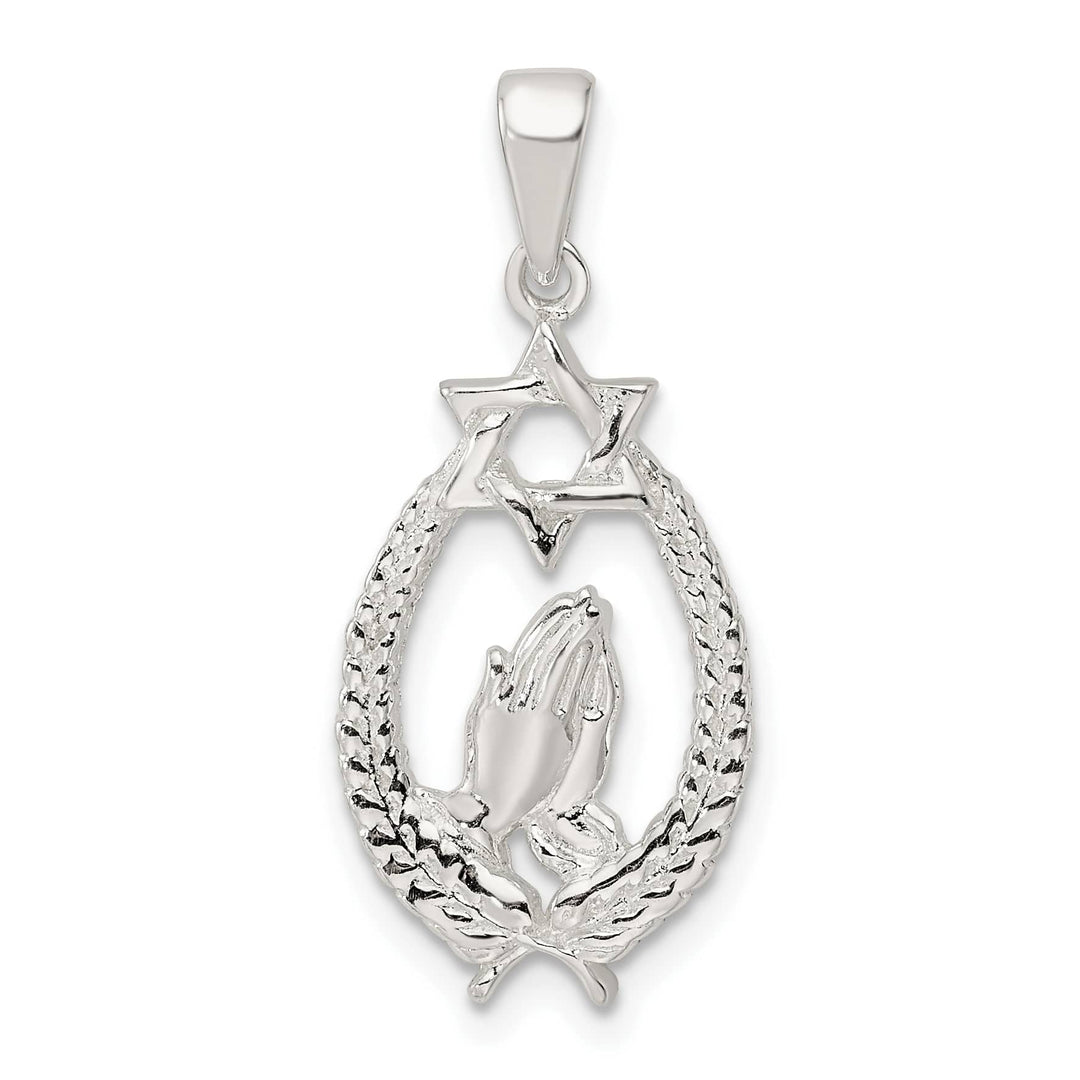 Sterling Silver Polished Star of David with Praying Hands Pendant