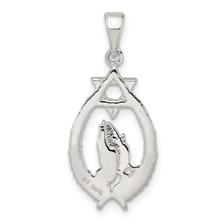 Sterling Silver Polished Star of David with Praying Hands Pendant