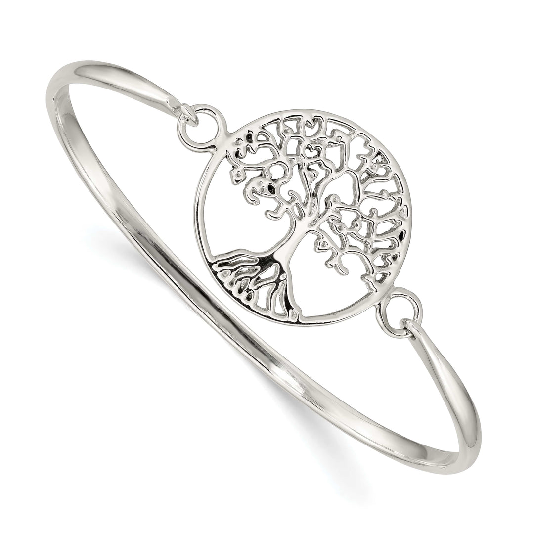 Sterling Silver Polished Tree of Life Hook Closure Bangle