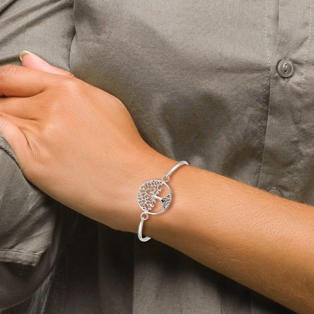 Sterling Silver Polished Tree of Life Hook Closure Bangle