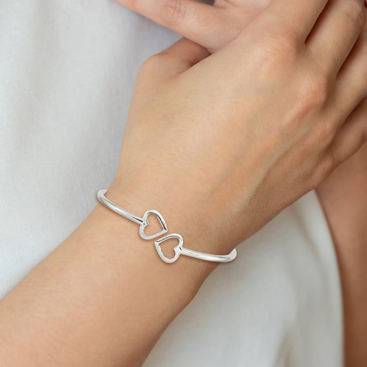 Sterling Silver Polished Two Hearts Flexible Bangle