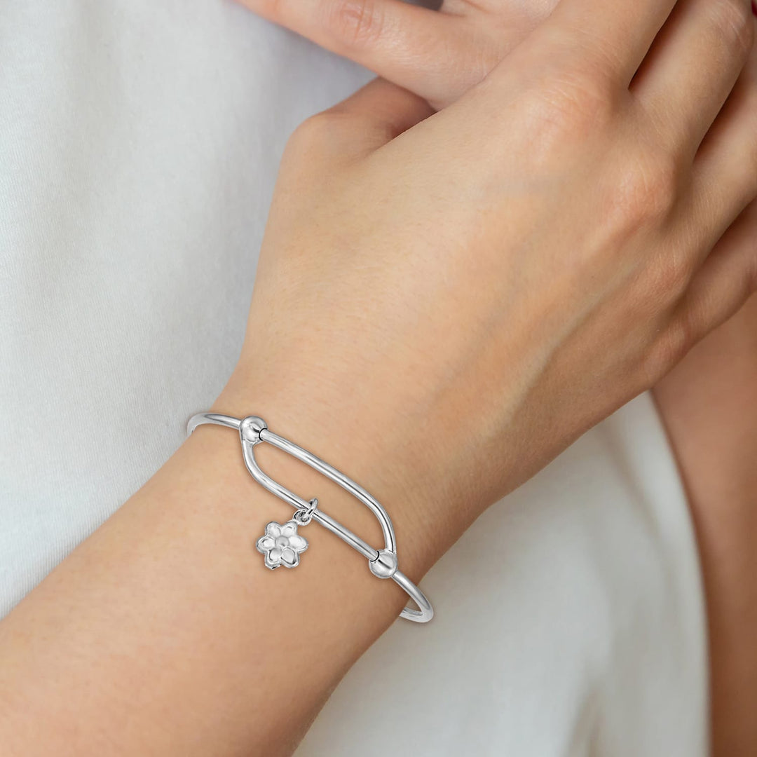 Sterling Silver Polished with Dangle Flower Small Adjustable Bangle