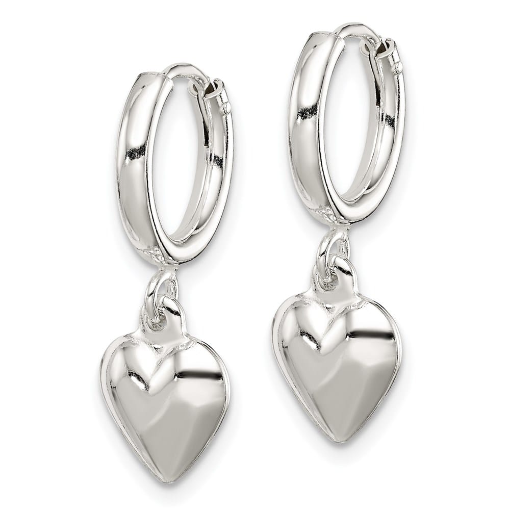 Sterling Silver Puff Heart Dangle Hoop Earrings