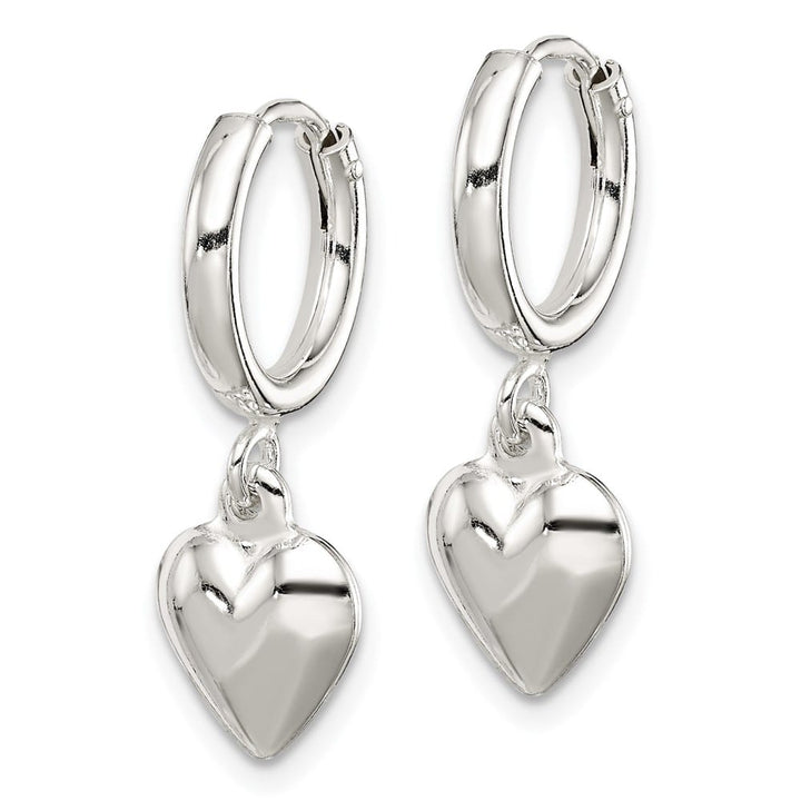 Sterling Silver Puff Heart Dangle Hoop Earrings