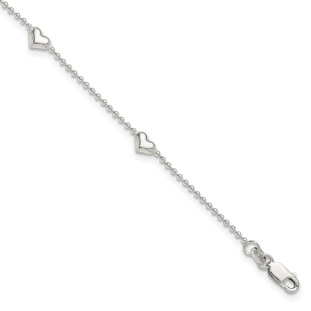 Sterling Silver Puffed Heart 5-Station Anklet — .925 sterling silver, 9 inches long, 1 inch extension, 5 mm wide, lobster clasp, 2.49 g