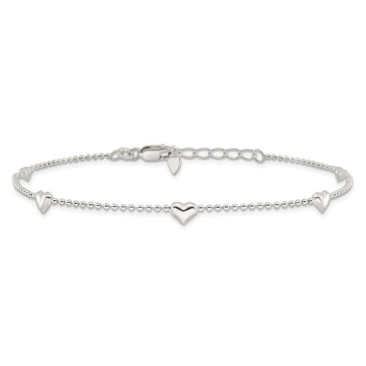 Sterling Silver Puffed Heart 5-Station Anklet